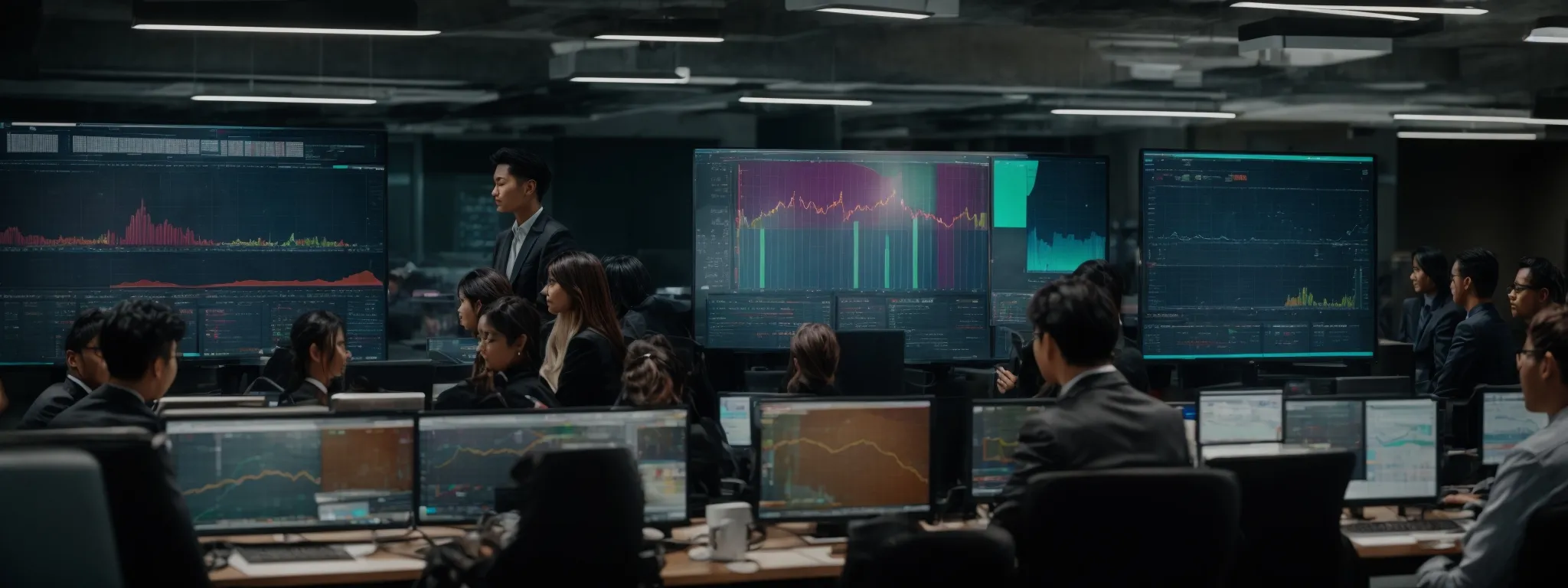 a group of professionals gathered around a large monitor displaying colorful graphs and traffic statistics.
