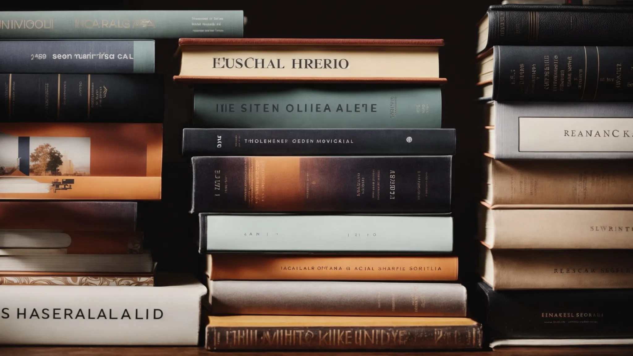 a stack of books with titles about seo, social media strategy, and online advertising rests on a clean, modern desk beside a laptop displaying graphs.