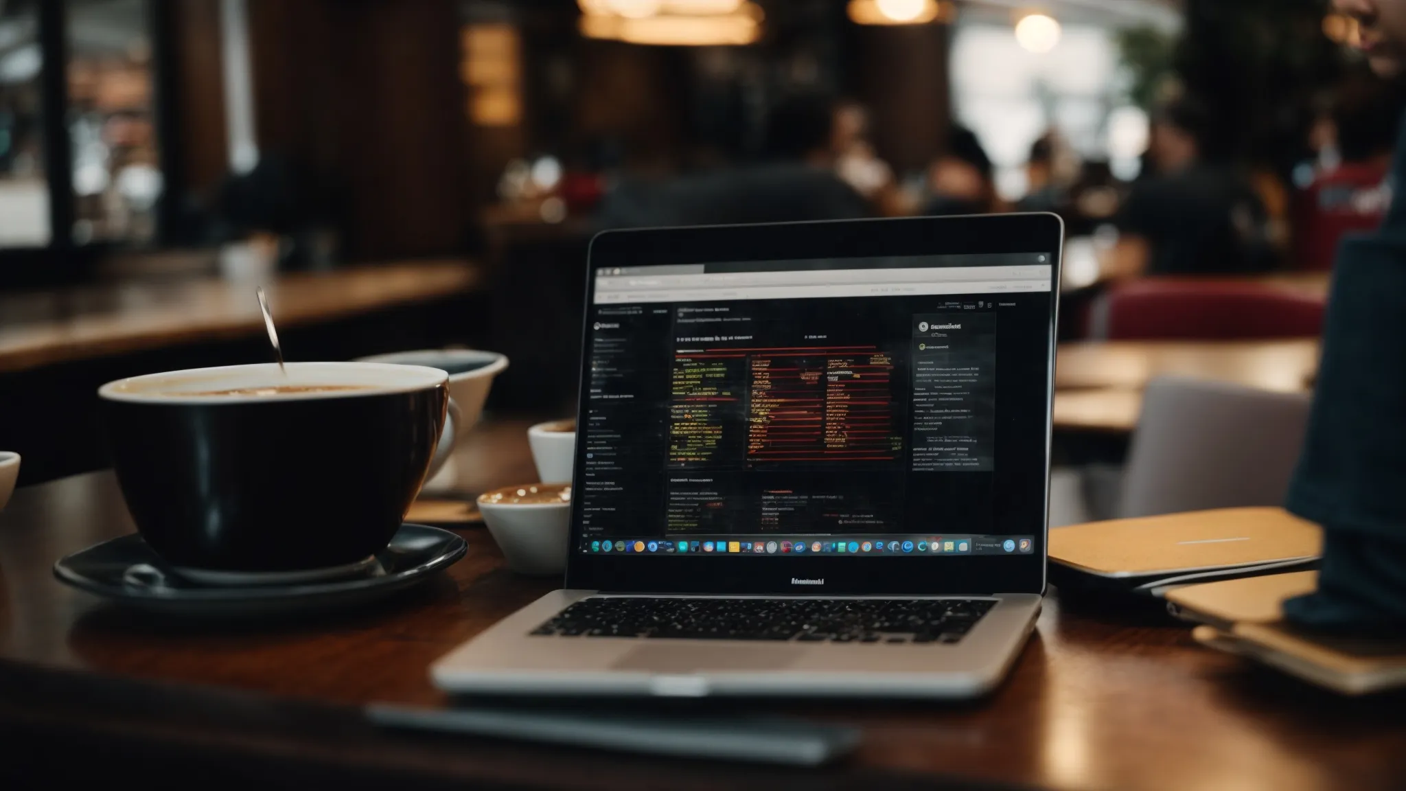 close-up view of a person sitting in a cozy ann arbor coffee shop, working intently on a laptop with a web analytics dashboard on the screen.