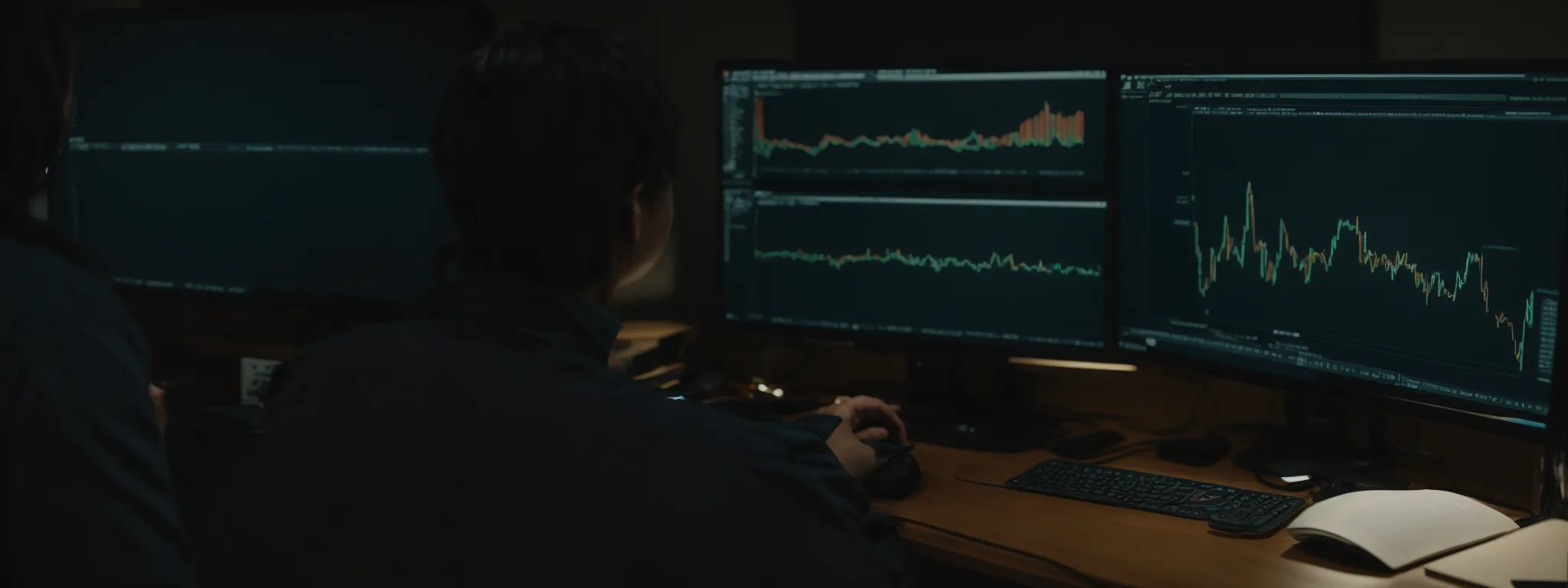 a person sitting at a computer with a screen showing a graph and website analytics data.