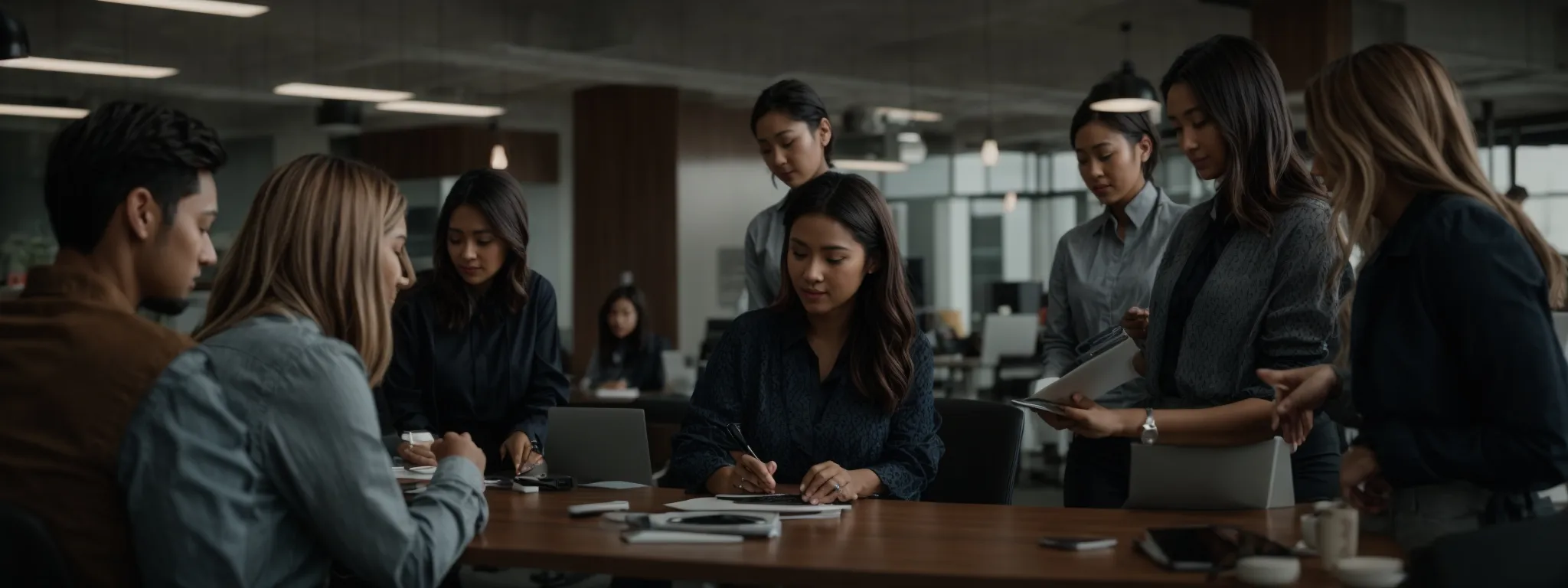 a group of professionals collaborates over a digital marketing strategy in a modern office setting.