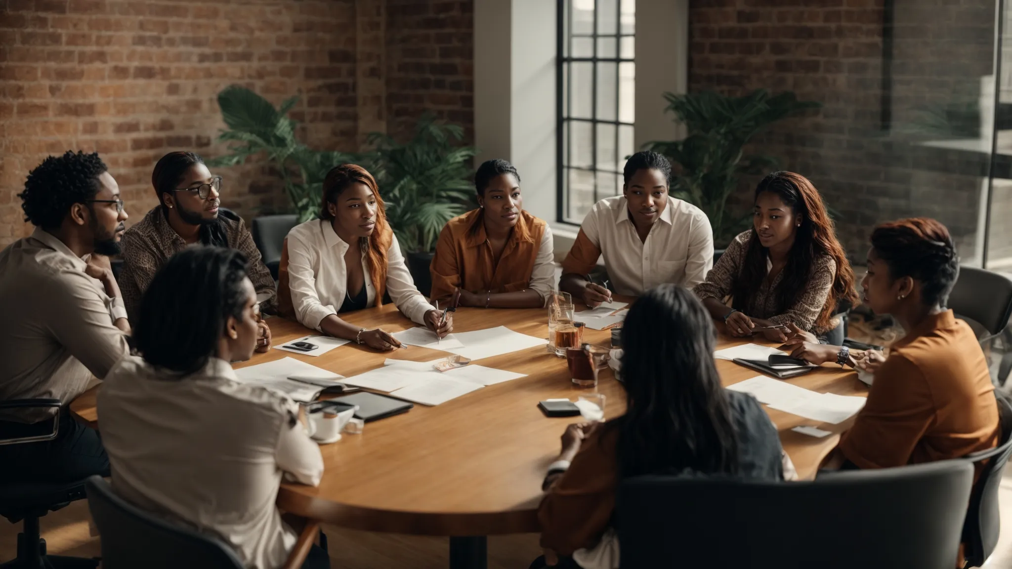 a vibrant brainstorming session with a diverse group of marketers gathered around a conference table, intensely discussing and strategizing.