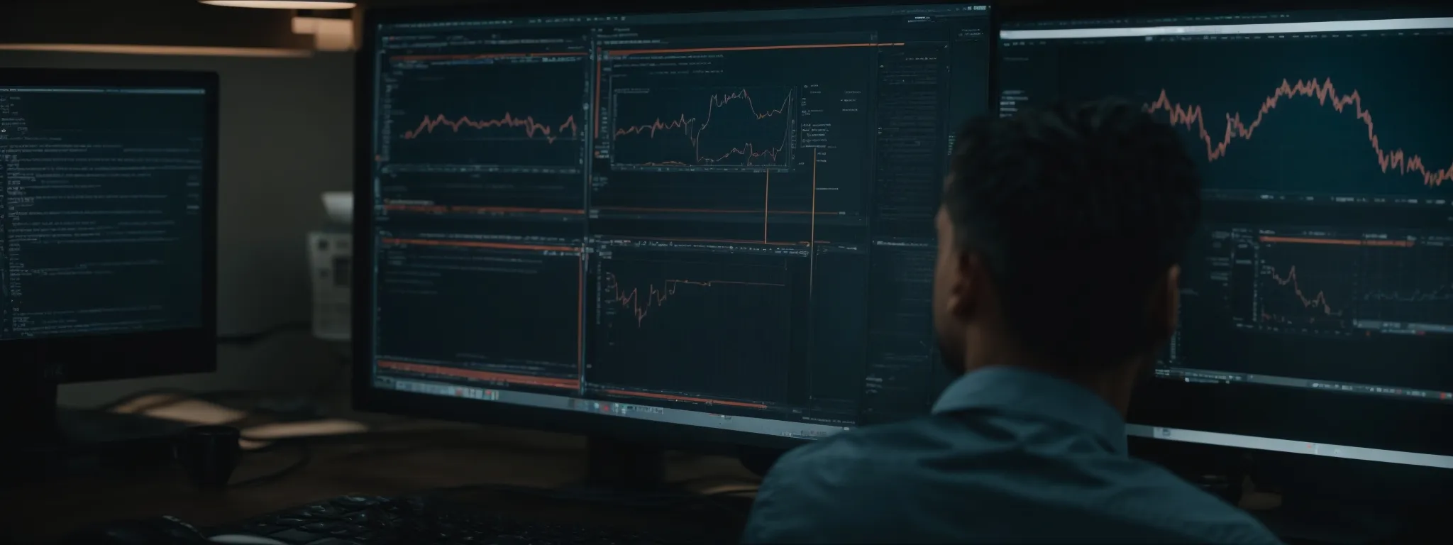 a web developer sits before dual monitors displaying lines of code while optimizing a website's backend structure.