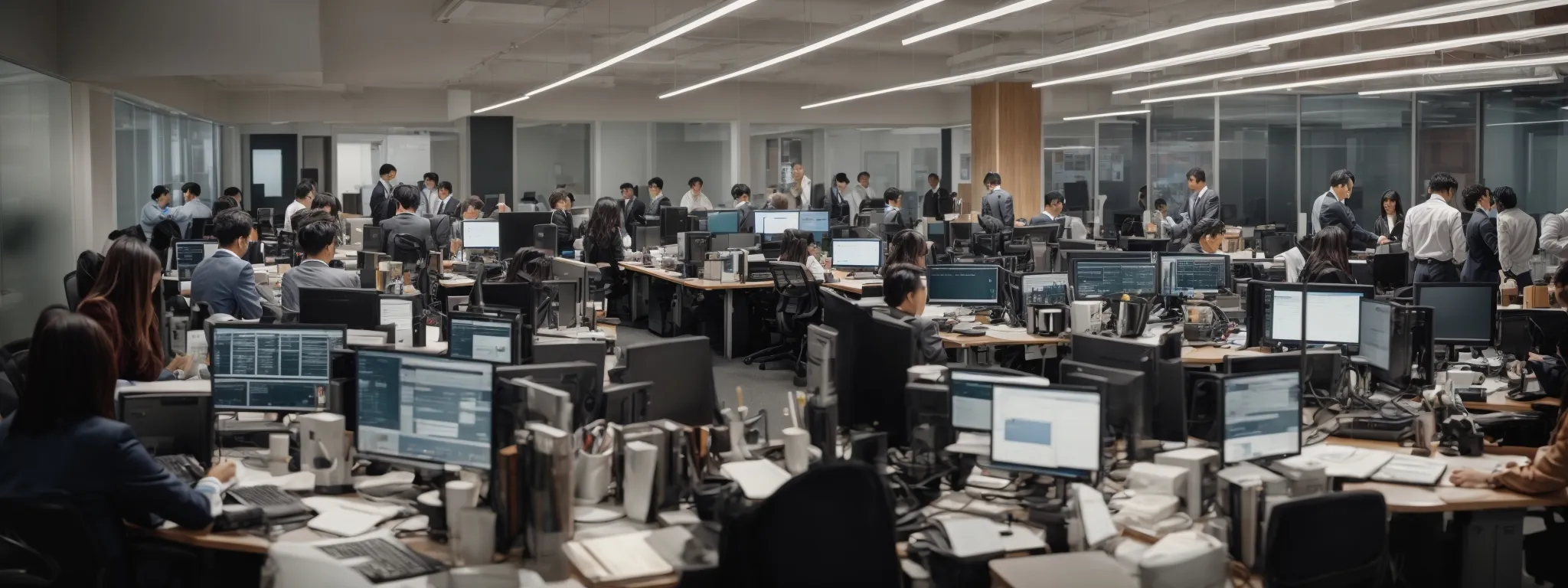a bustling office scene with professionals collaborating over computers displaying data analytics and website development platforms.