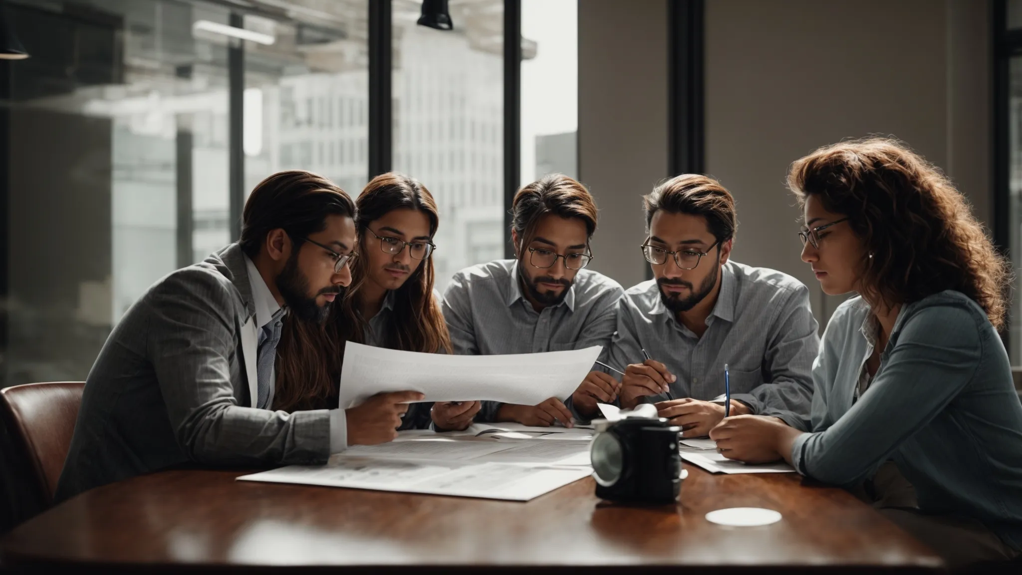 a group of professionals gathered around a table, reviewing and discussing a document with a magnifying glass resting beside a laptop displaying analytics graphs.