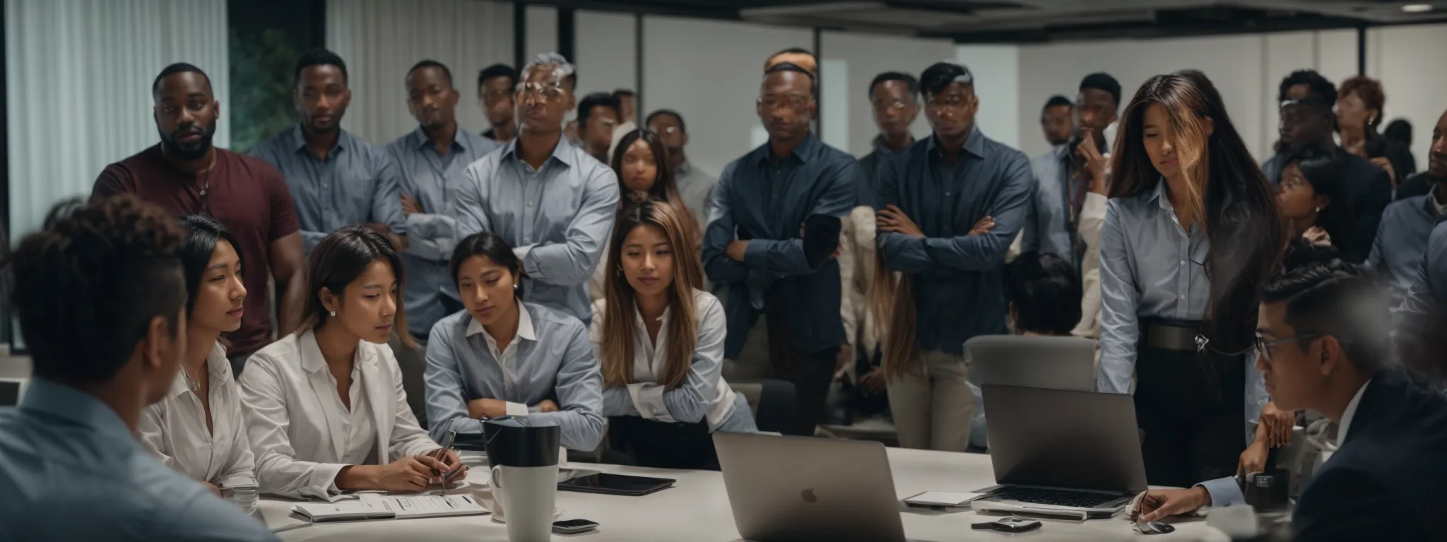 a diverse group of seo professionals gathered around a large conference table, intently focusing on a presentation about ai advancements in search engine strategies.