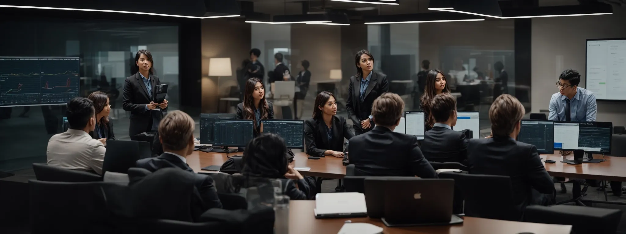 a professional meeting where a group of marketers strategize around a laptop displaying analytics data.