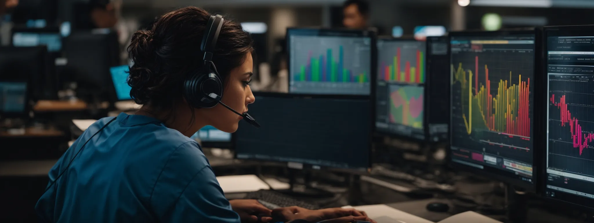 a customer service representative intently focuses on a computer screen displaying colorful analytics and call metrics, symbolizing enhanced customer engagement strategies.