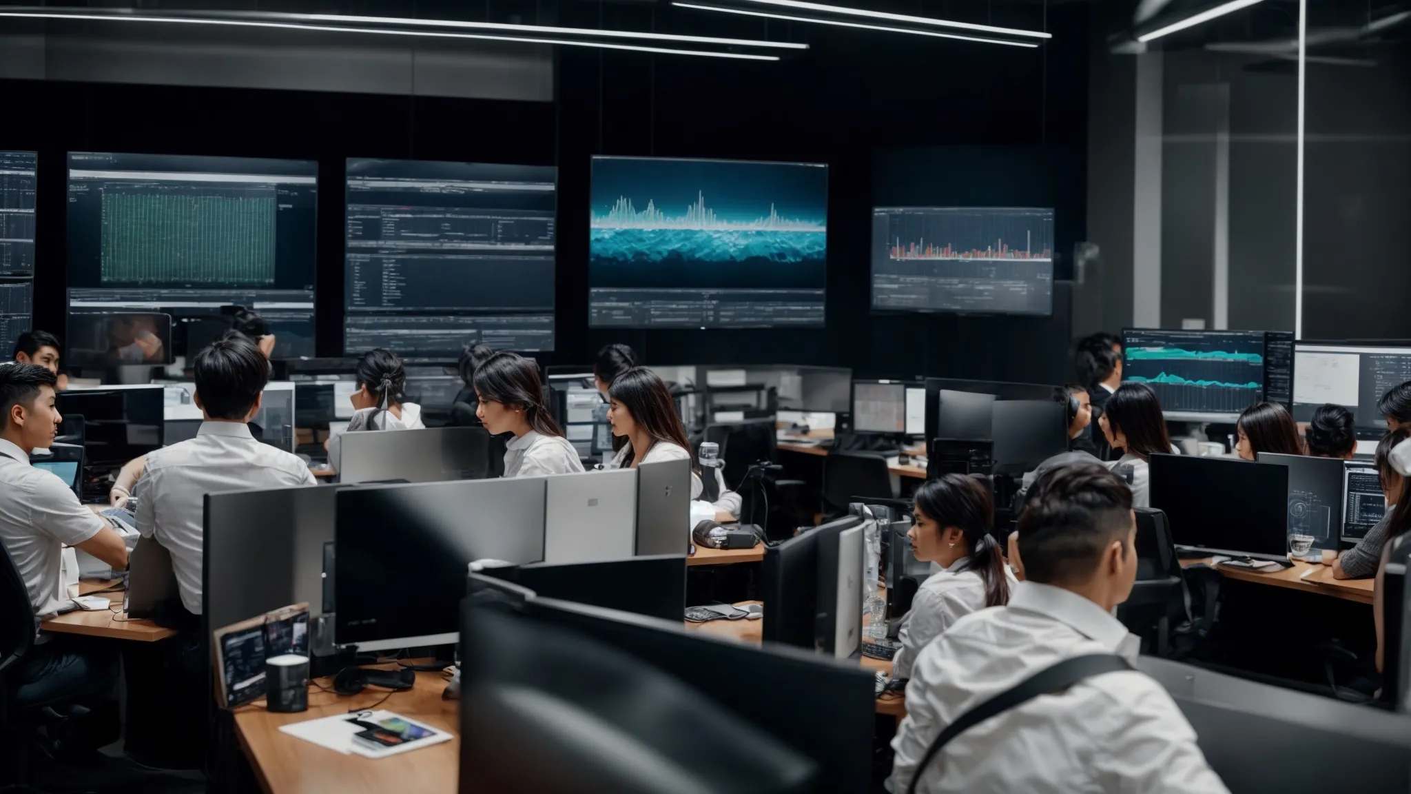 a bustling digital marketing agency with employees analyzing real-time data on large screens.
