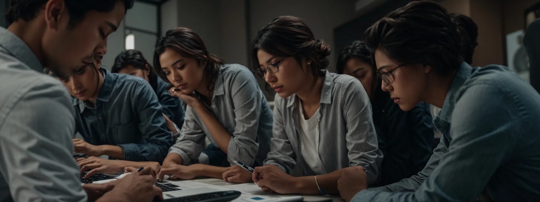 a group of focused professionals gathers around a computer, analyzing data and charts that represent trending seo strategies.