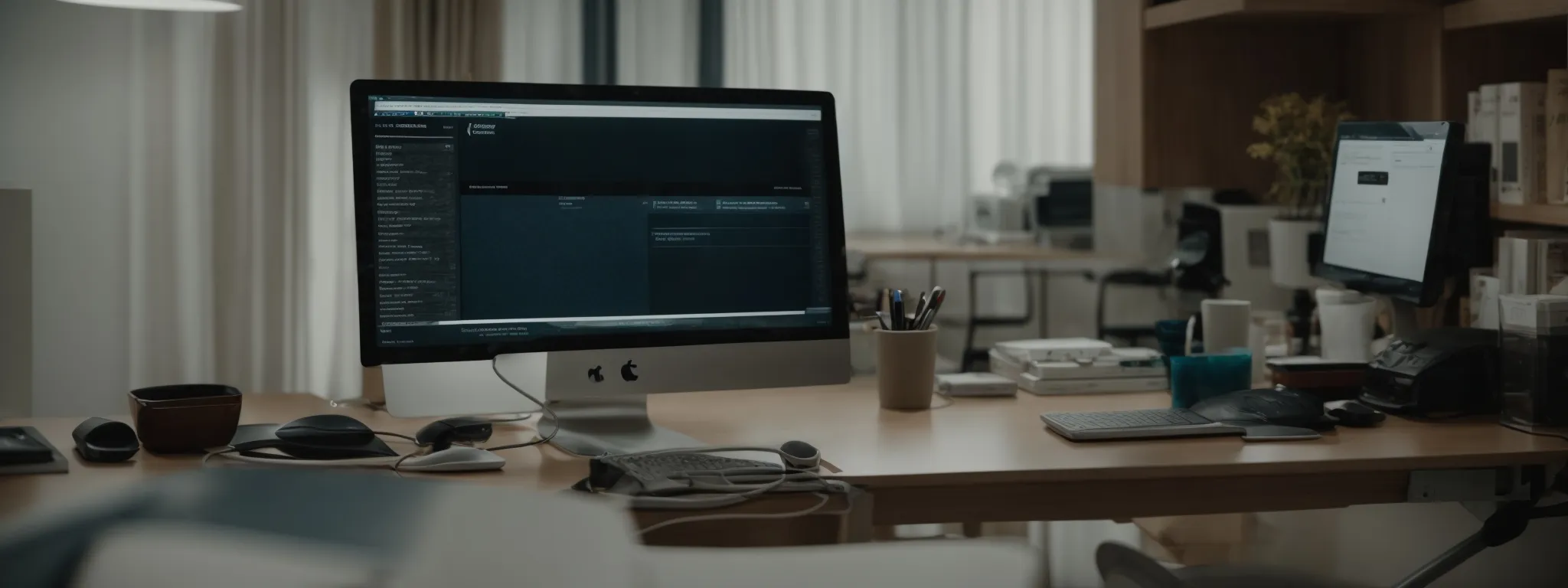a therapist's office with a computer displaying a website on the screen, surrounded by occupational therapy equipment but no visible branding.