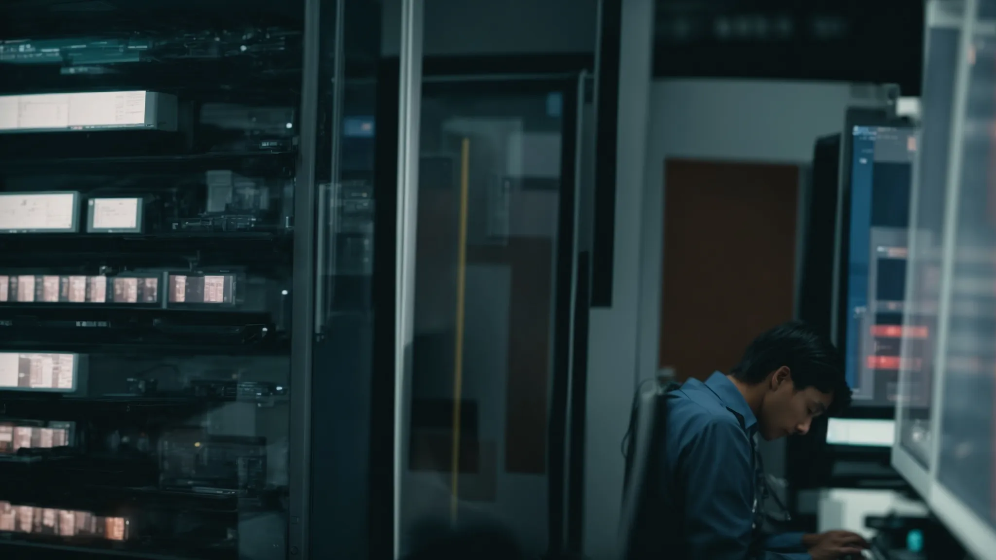 a lab researcher examines data on a computer screen amidst advanced biotechnological equipment.