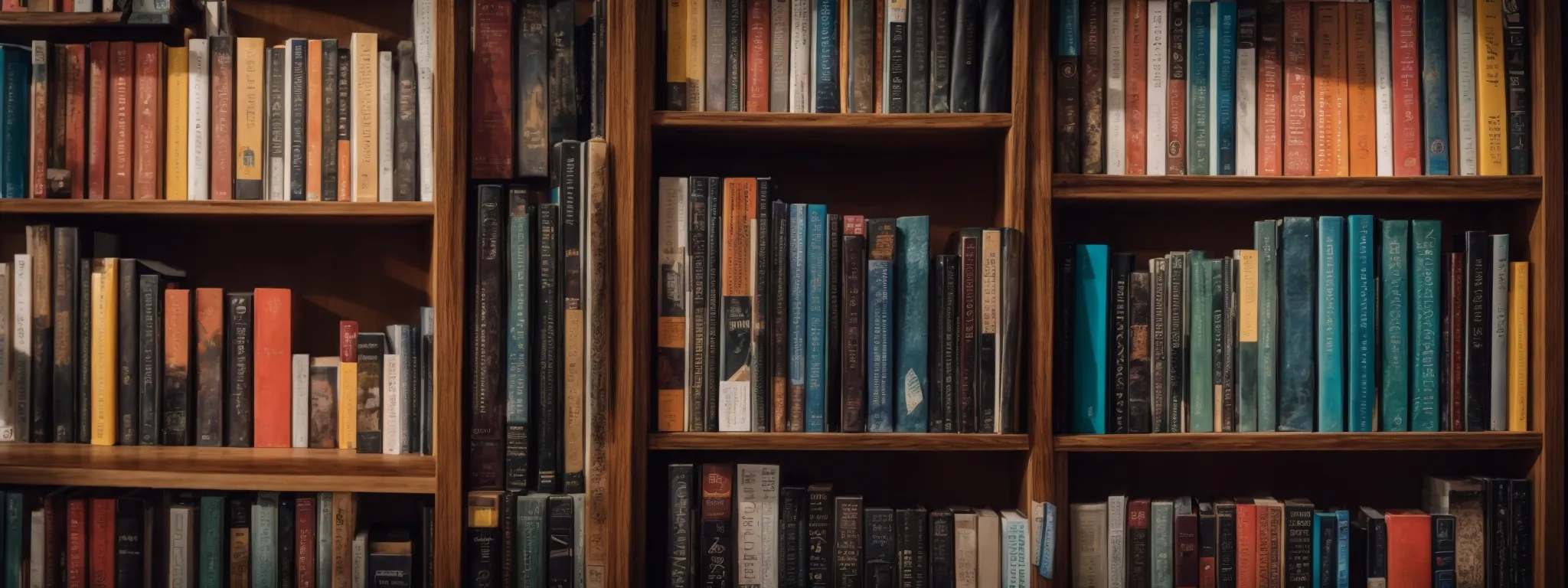 a colorful, neatly-organized bookshelf filled with various books on seo and web development, standing in a well-lit, clean modern office space.