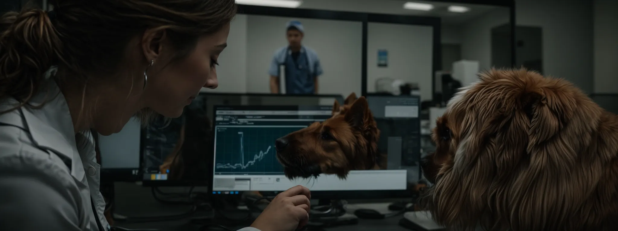 a veterinarian examining a healthy dog in a clinic while a computer screen in the background displays a search engine results page.