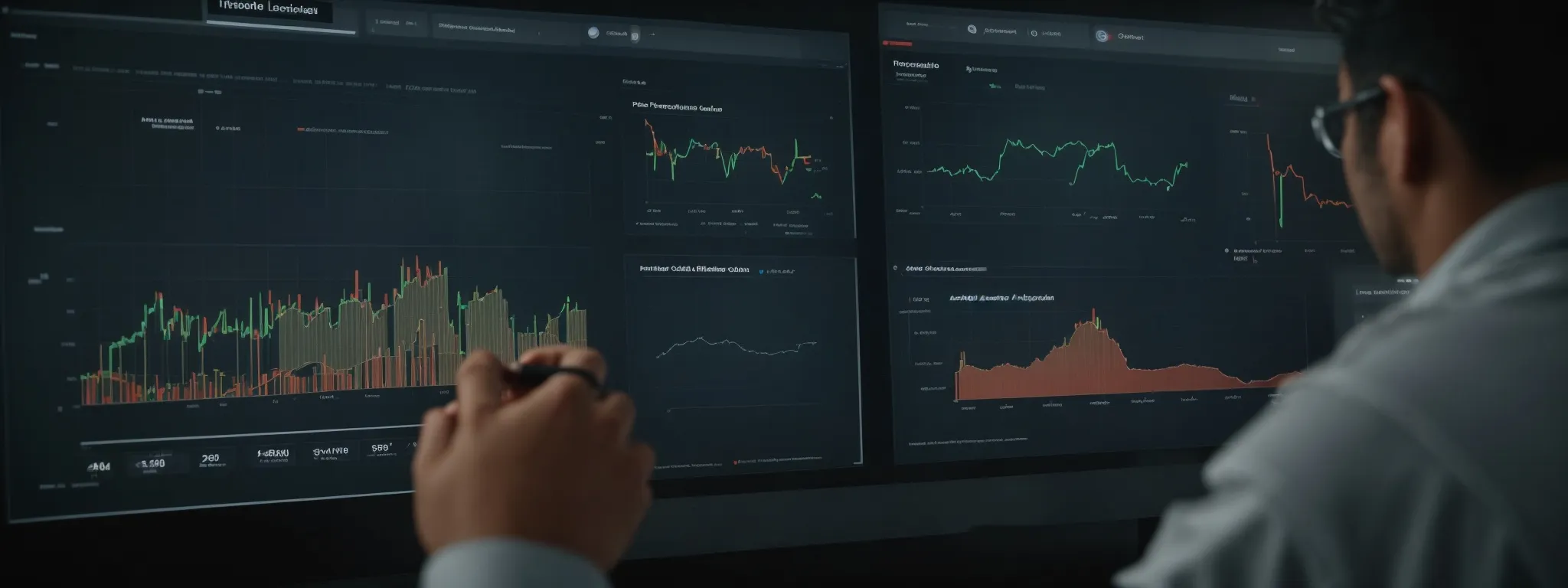 a person examining a large, interactive analytics dashboard displaying various graphs and charts related to keyword trends.