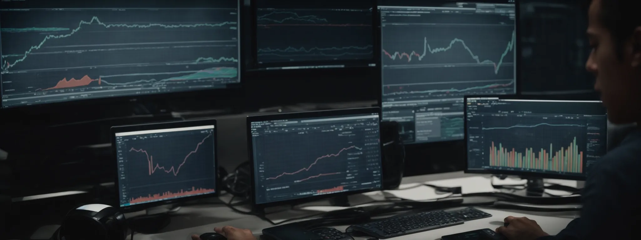 a person attentively analyzes charts and graphs on a computer screen, illustrating website analytics.