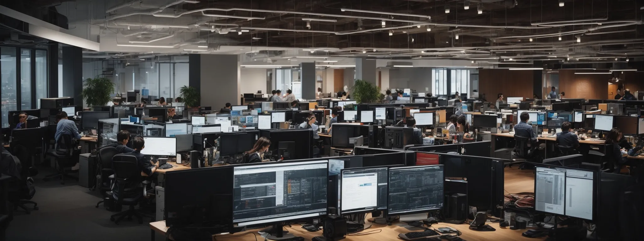 a bustling open-plan office where teams collaboratively work on computers optimizing websites, with vibrant graphs on screens indicating website traffic growth.
