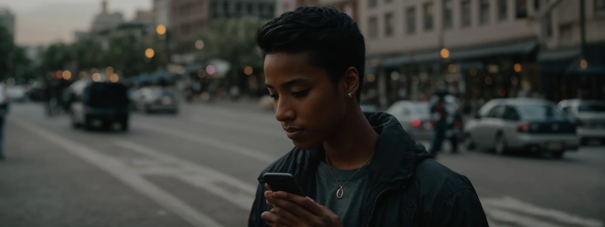 a person speaking into a smartphone on a street corner, with a clear city skyline in the background.