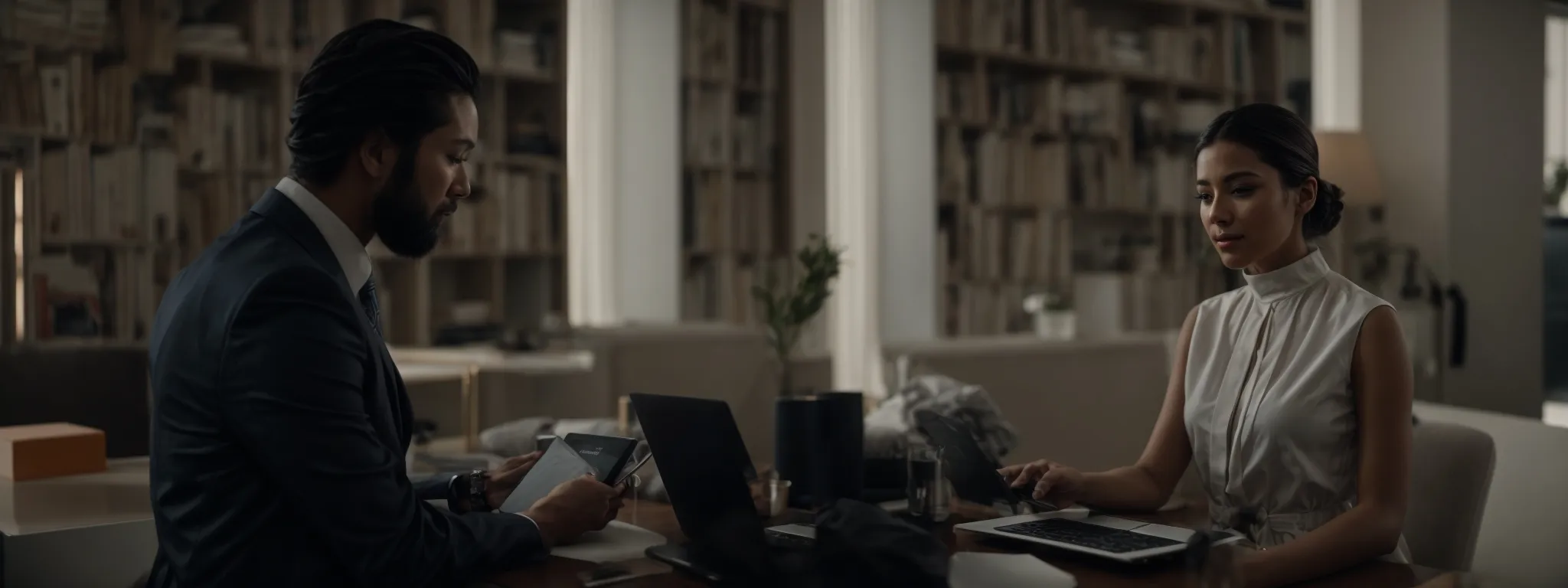 a brand strategist presents a campaign on a laptop to a fashionable influencer in a chic, modern office.
