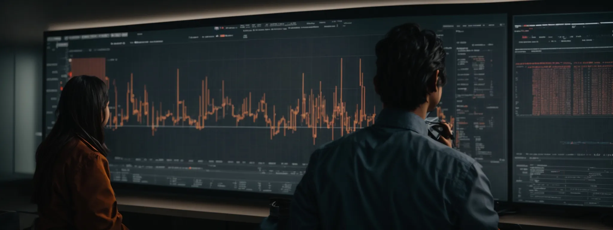 a marketer analyzing data on a large interactive screen to tailor website content for individual users.