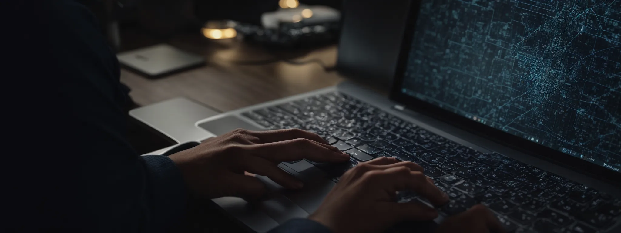 a close-up of a person typing on a laptop with an intricate network diagram in the background.