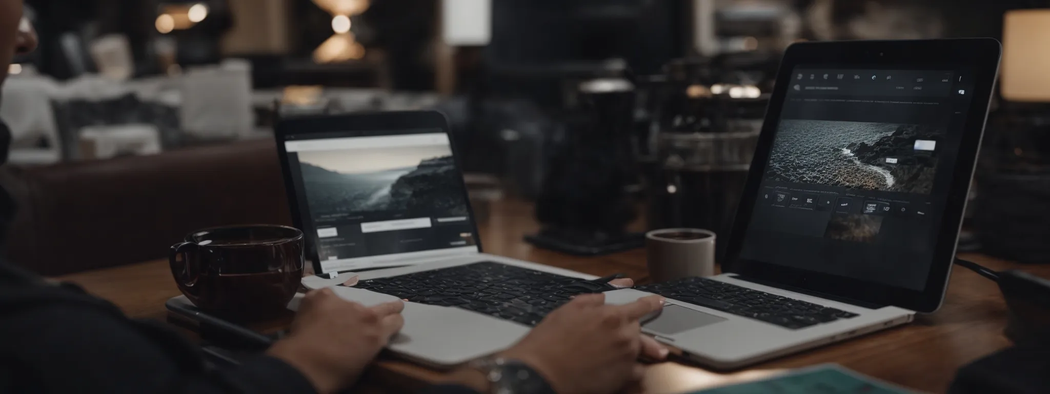 Person working at a desk with two laptops displaying photo editing software, a stylus in hand, and coffee cups nearby in a dimly lit workspace.