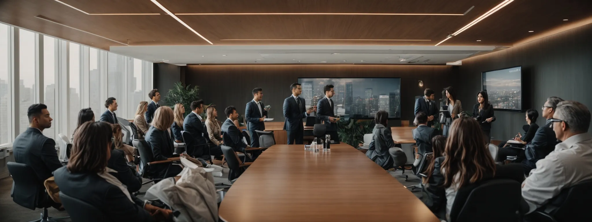 modern professionals gather in a high-tech seattle conference room, exchanging groundbreaking seo strategies.