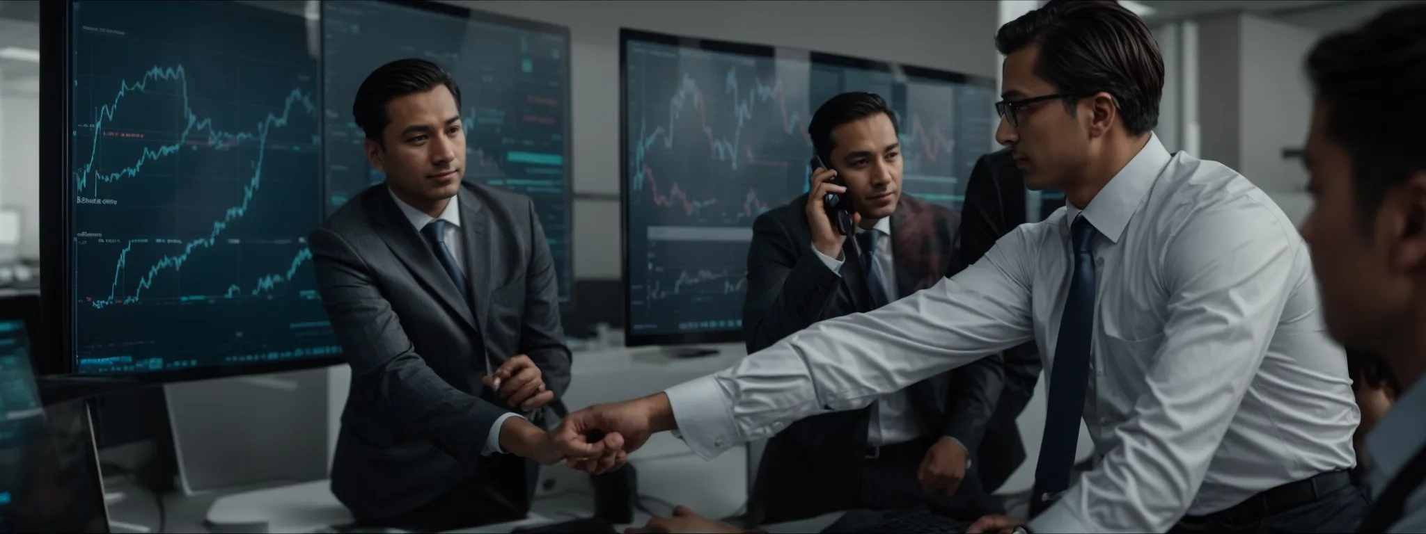 a consultant points at a computer screen showing a graph while discussing strategies with a business team in a modern office.