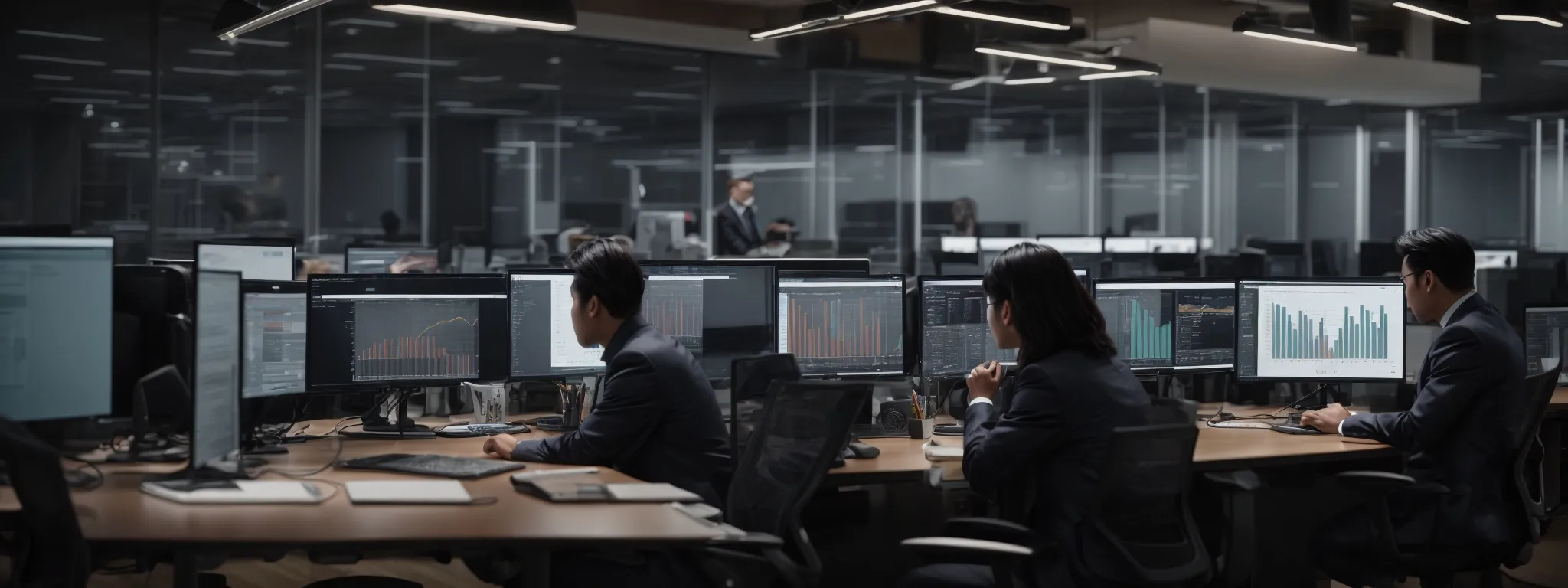 a team of digital marketing professionals intently analyzing data on computer screens in a modern office setup, surrounded by graphs and performance metrics.