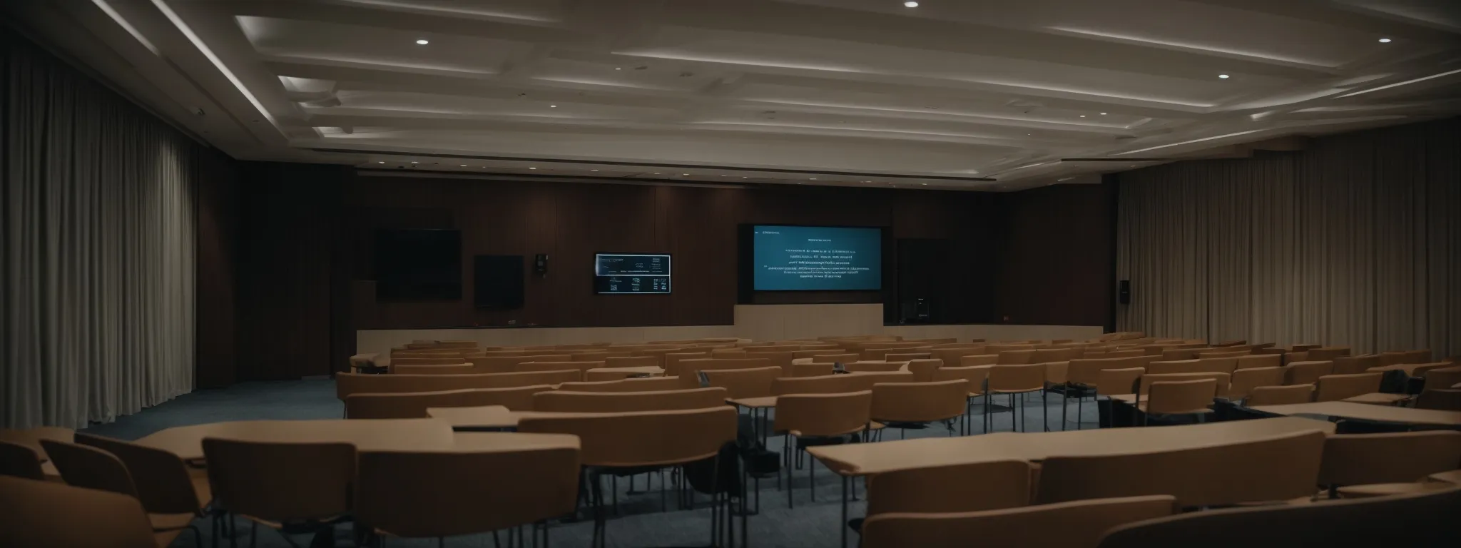 a professional seminar room with a digital screen displaying a privacy policy update.