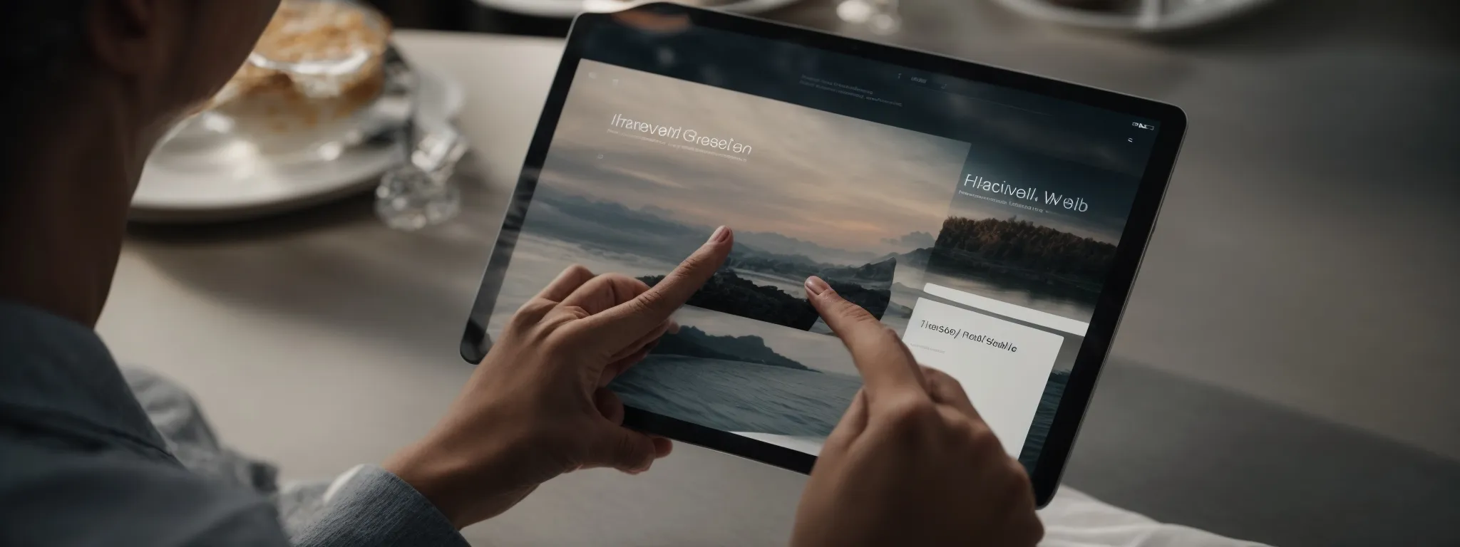 a person interacting with a fast-loading, mobile-friendly website on a tablet against a backdrop of smooth and intuitive graphical elements.