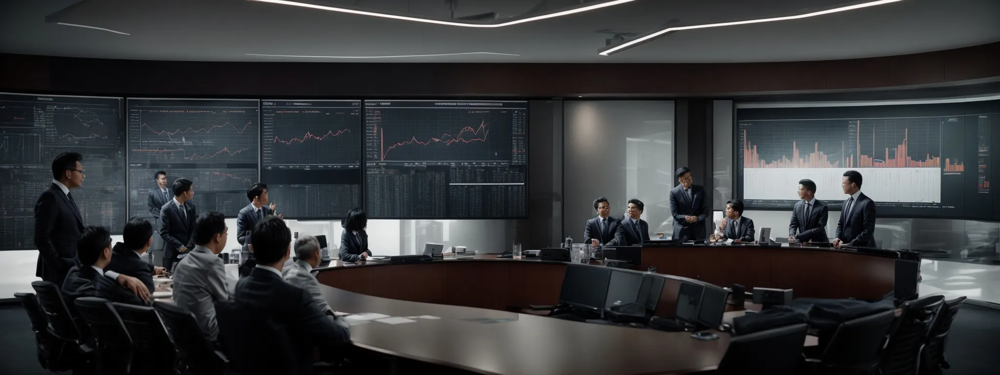 A group of business professionals in a conference room analyze financial data displayed on large screens showing graphs and charts.