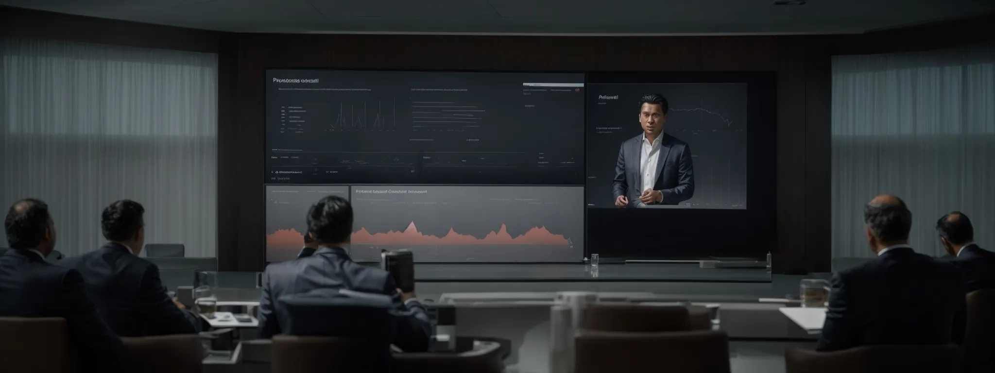 a polished professional presenting a sleek dashboard on a large screen to a room of attentive executives.