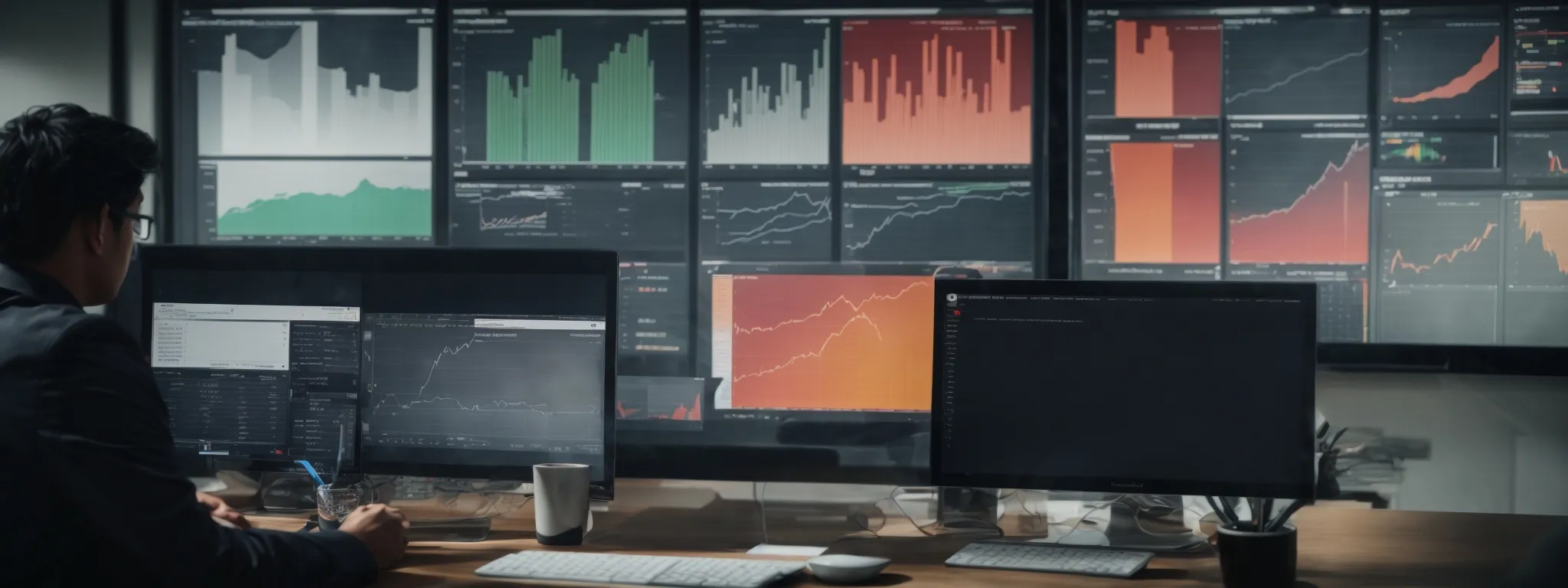 a marketing strategist scrutinizes a vibrant excel dashboard displaying various seo metrics and analyses.