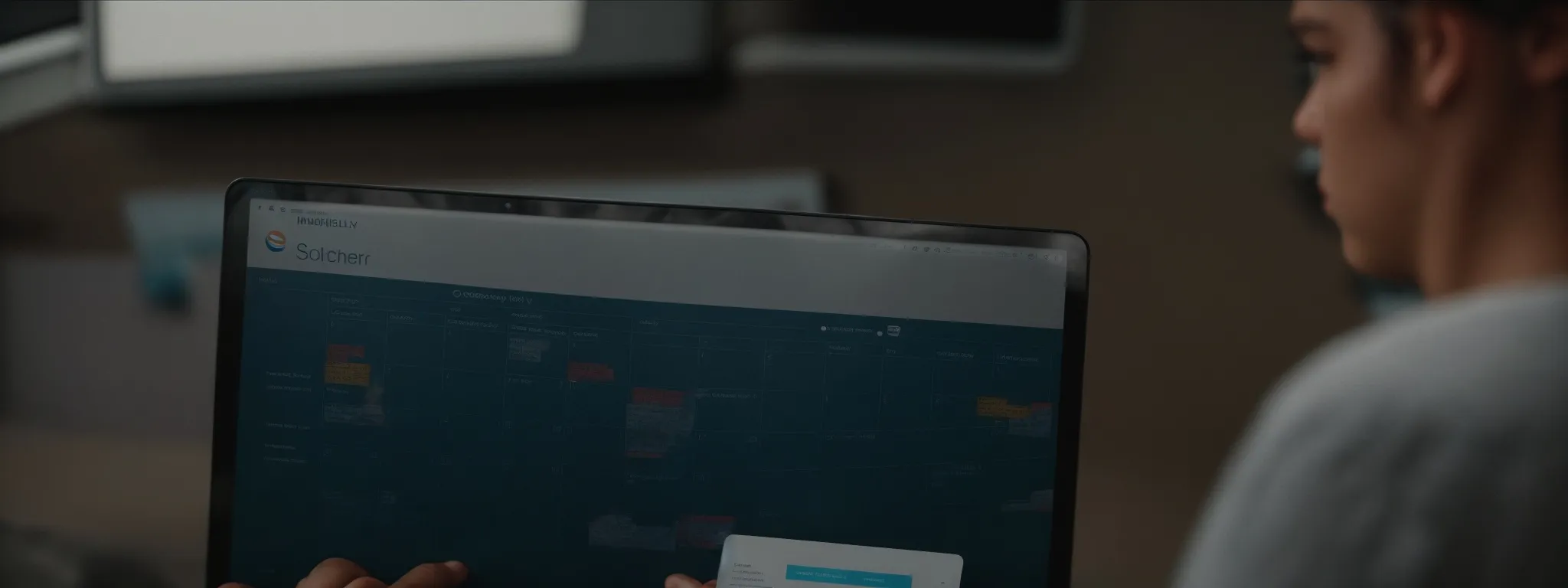 a marketer is planning a content strategy on a digital calendar on their computer, highlighting key seo terms.