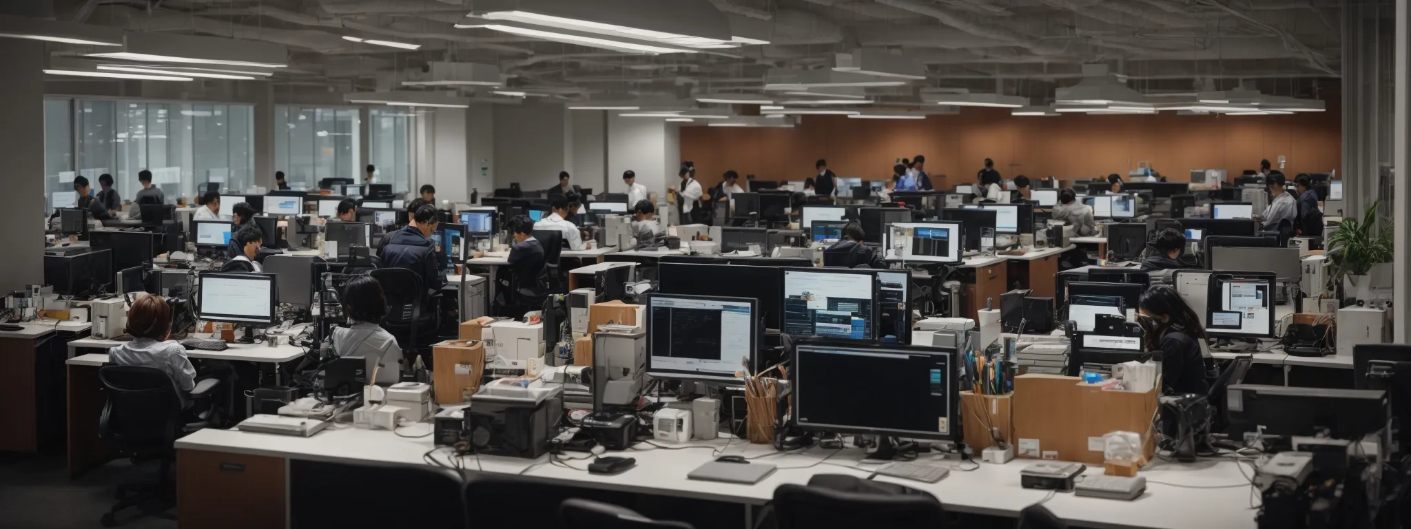 a busy office with clusters of desks, where diverse teams collaboratively work on computers to optimize numerous web pages for search engines.