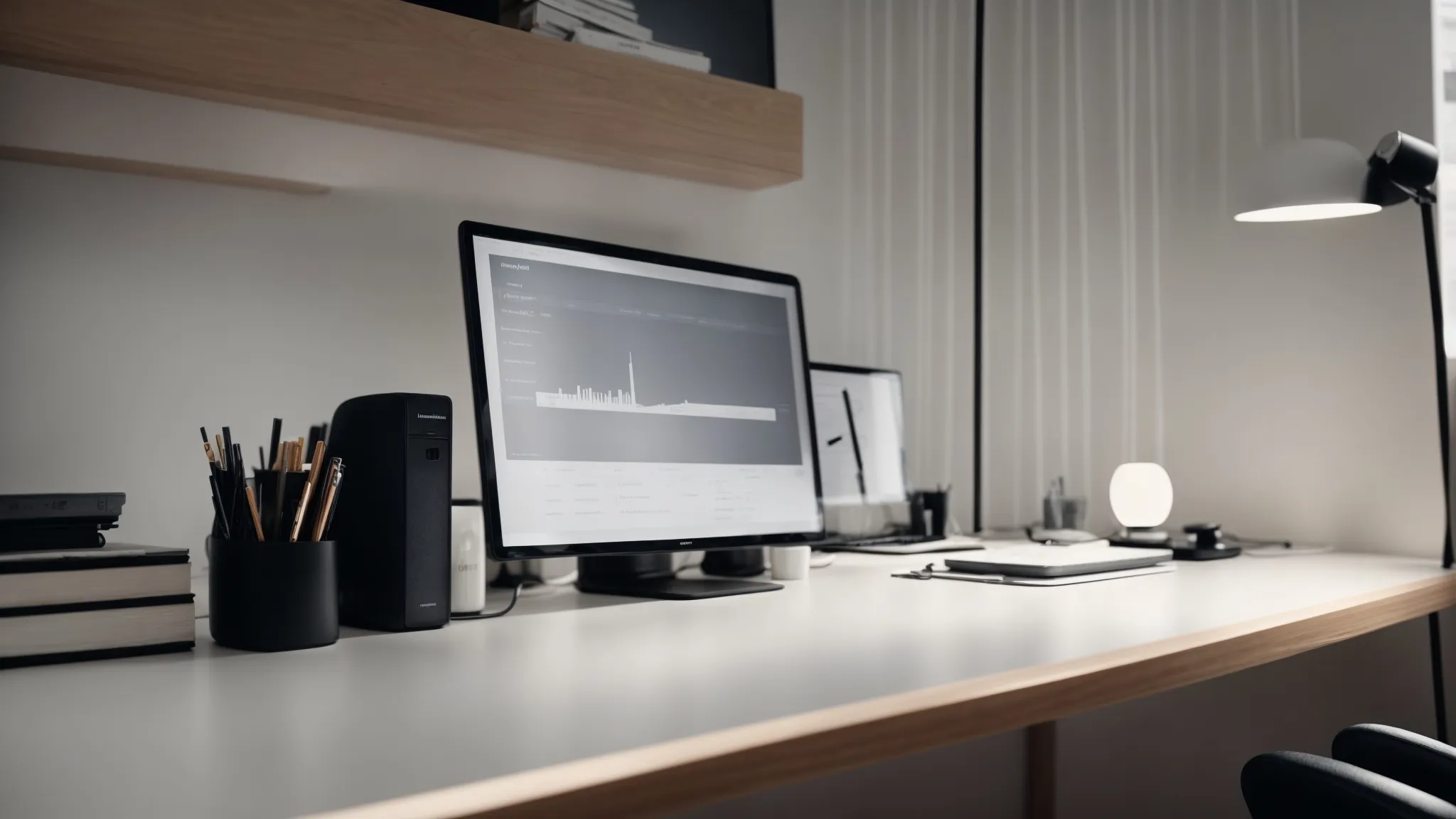 a minimalist office setup with a computer display showing bullet points and check marks on a clean, organized desk.