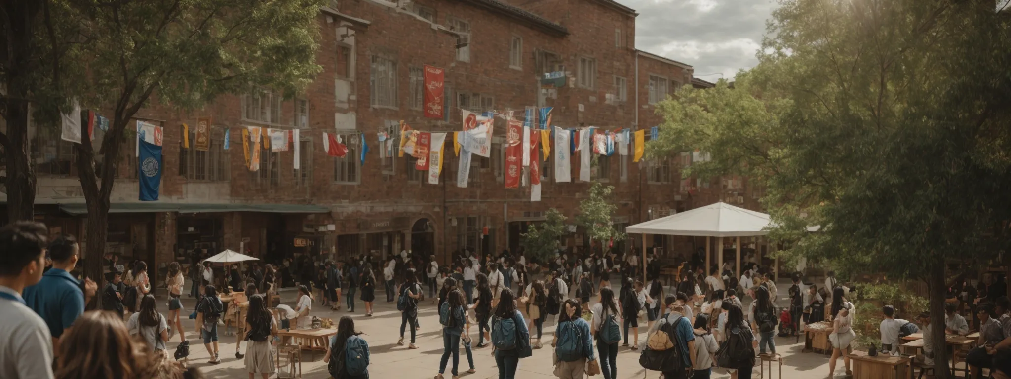 a bustling college courtyard with students engaging in activities, surrounded by local shops and community banners.