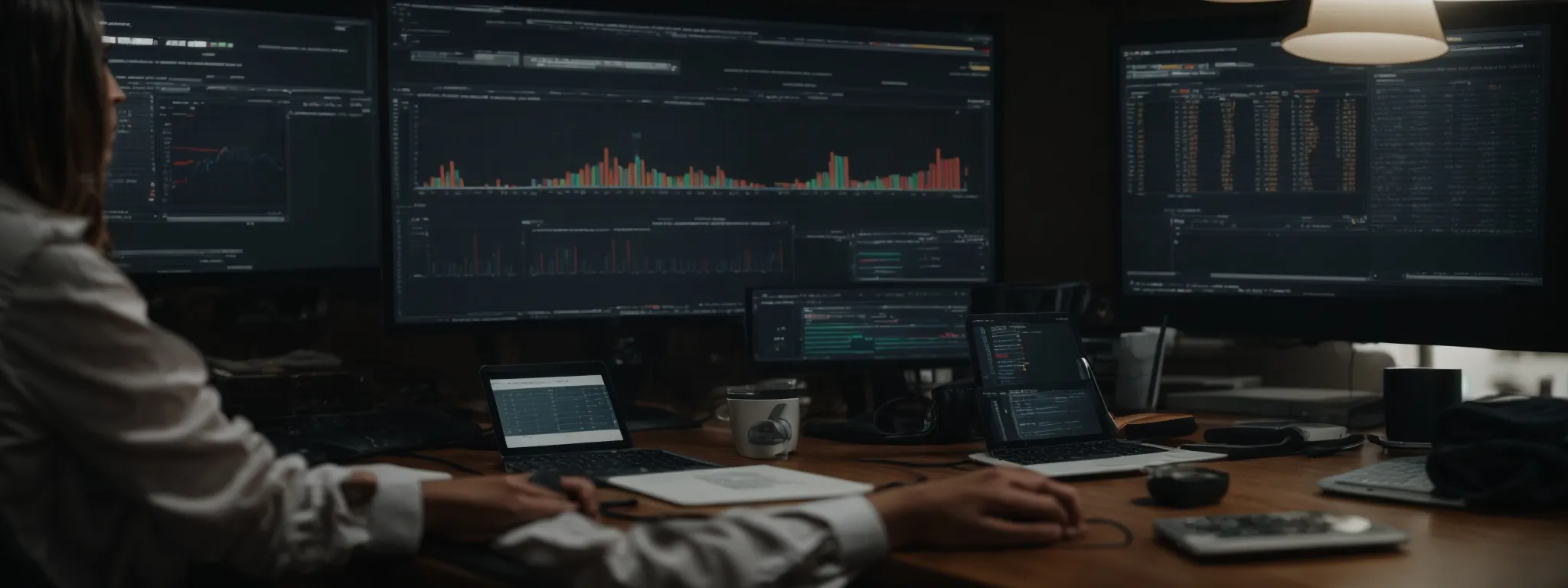 a person sits before a computer screen displaying graphs and search engine results, engaged in digital marketing analysis.