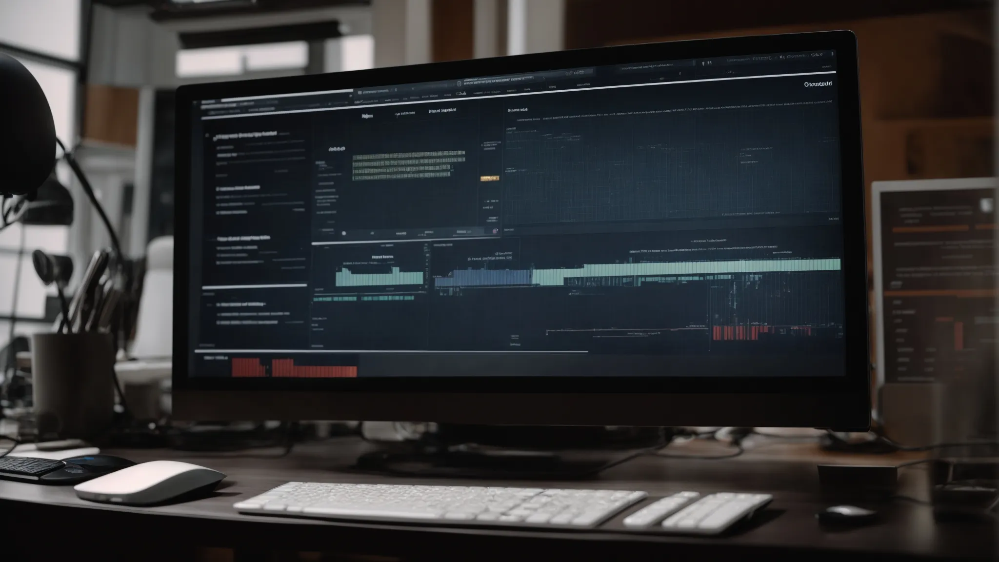 a computer screen displaying a dashboard with various organizational charts and project timelines against the backdrop of a clutter-free workstation.