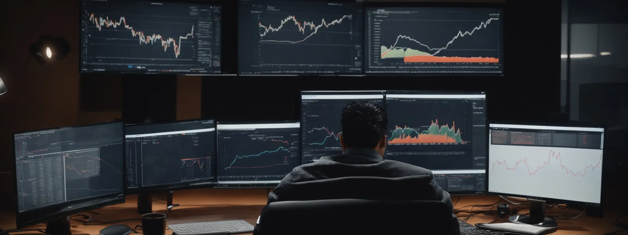 a person sitting at a modern desk with multiple computer screens, showcasing various graphs and analytics that imply monitoring of performance and partnerships.