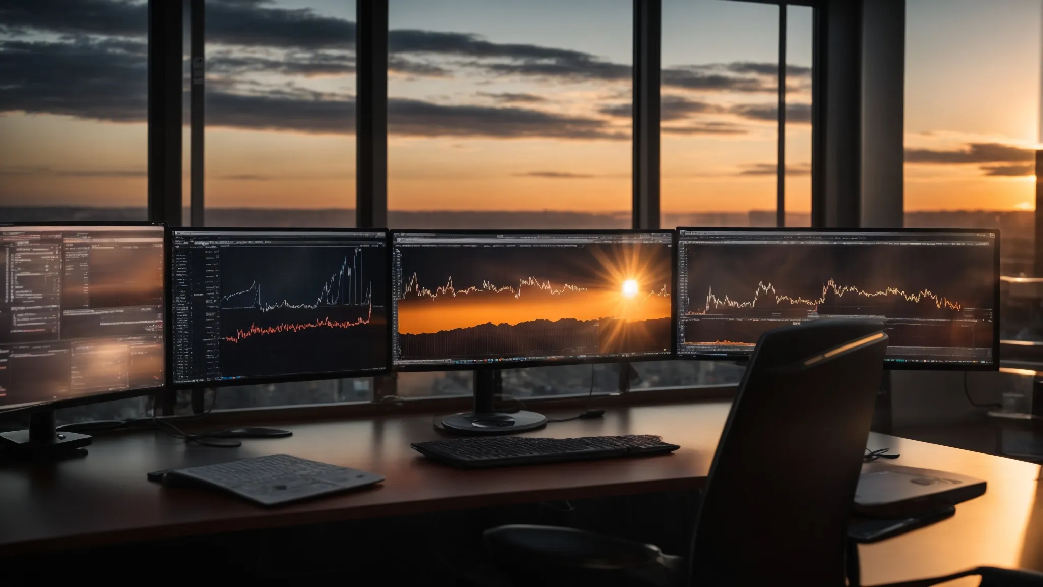 a person sits at a desk with two computer monitors displaying complex graphs and analytics while the sun sets in the background.