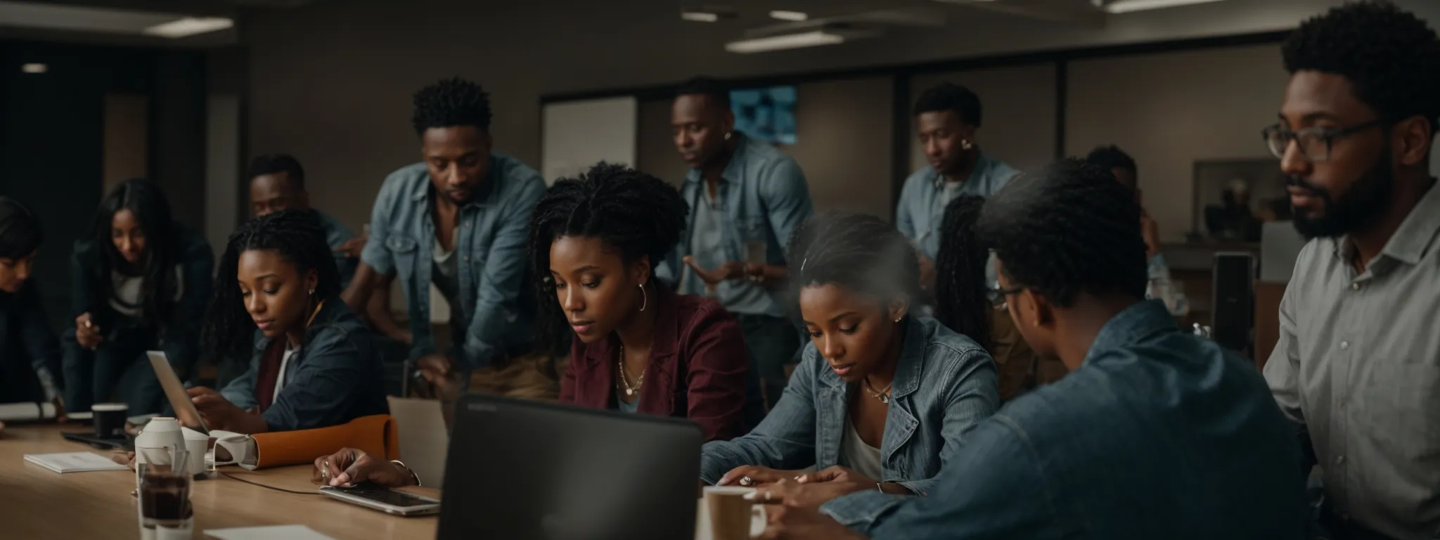 a diverse group of professionals gather around a conference table engaging in an animated discussion with laptops and digital devices at hand.