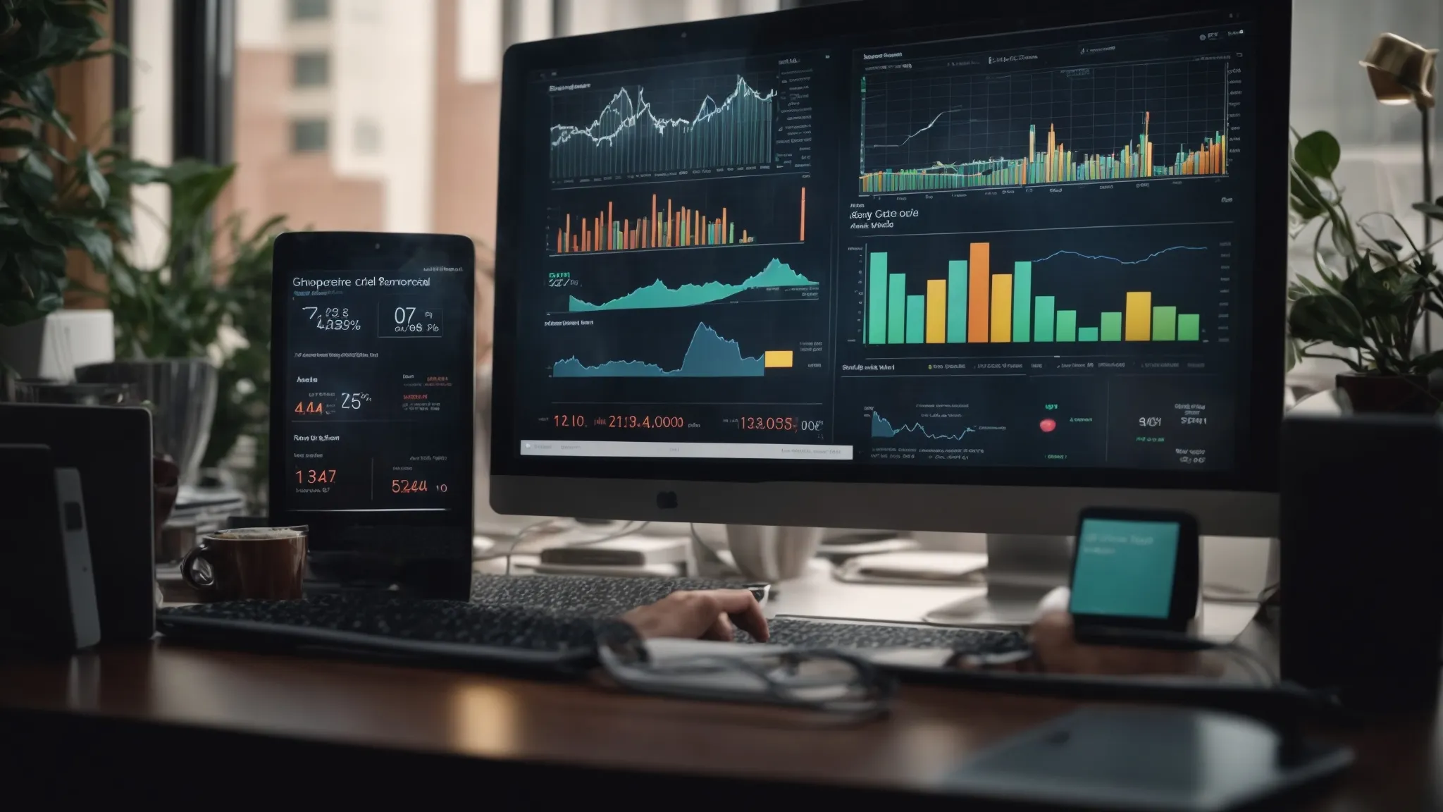 a computer screen displaying rising traffic analytics graphs amidst marketing strategy icons, symbolizing the impact of organic search optimization.