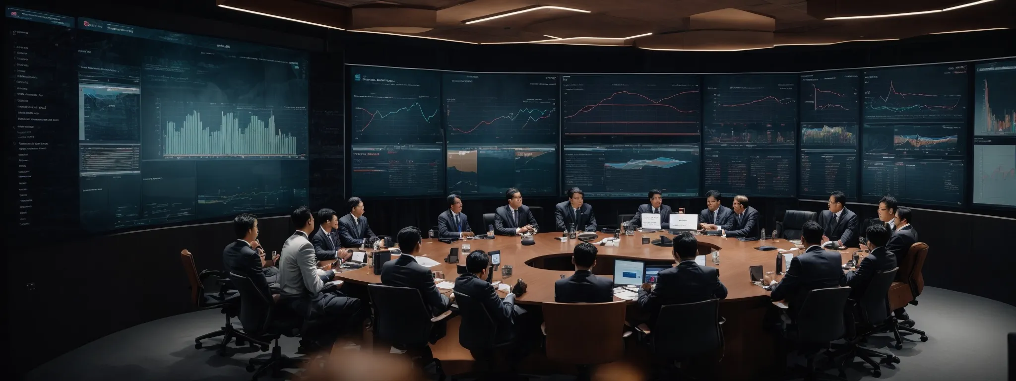 a conference room with a large screen displaying graphs, with marketers and engineers collaborating on a strategy.