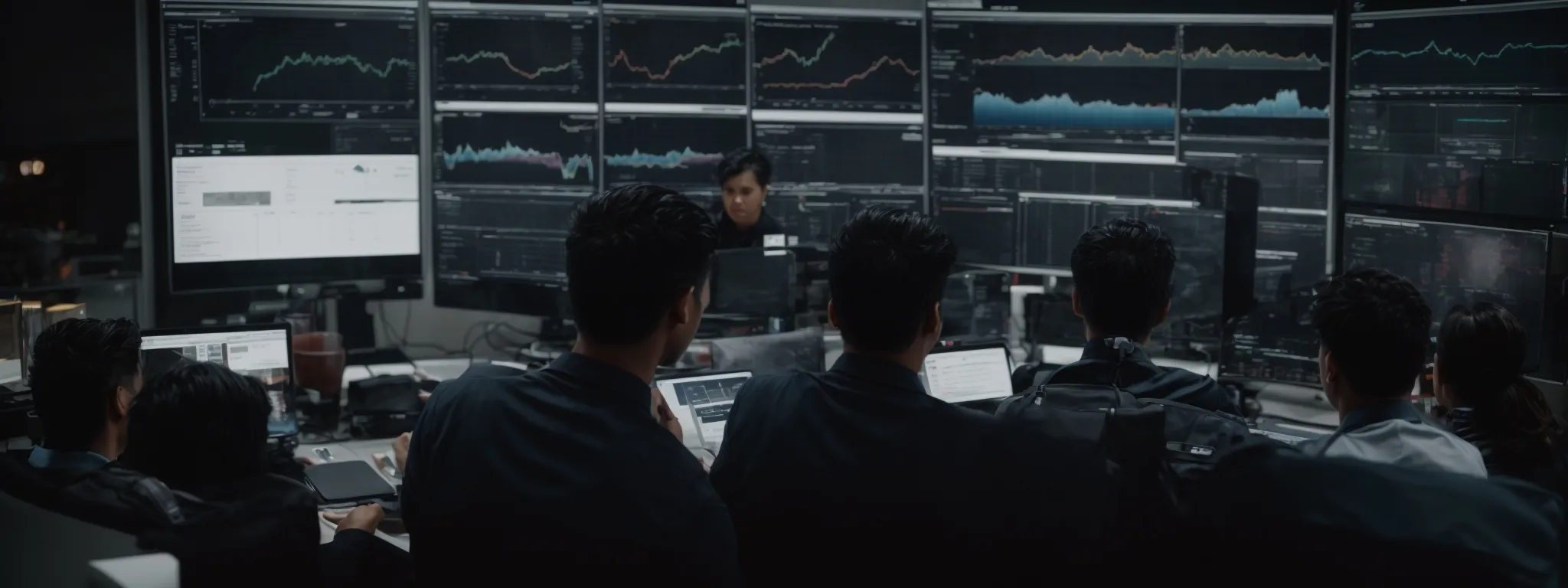 a team gathered around a computer dashboard displaying charts and graphs related to social media analytics.