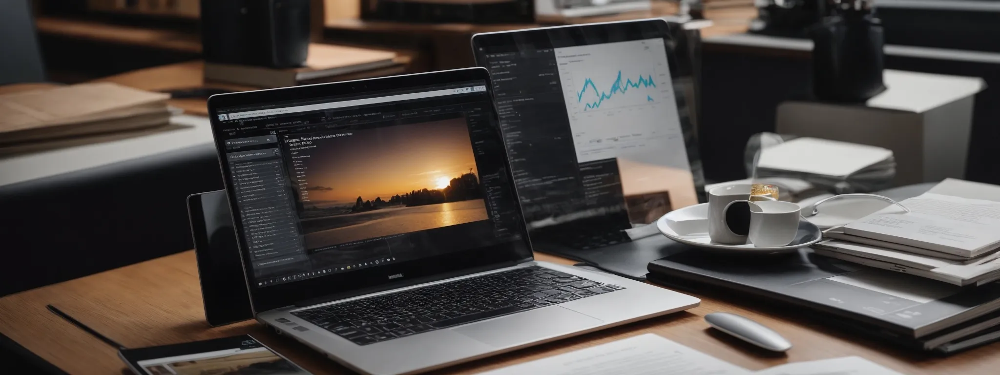a laptop with graphs and analysis on the screen sits atop a desk surrounded by marketing strategy books and a digital tablet displaying a website.