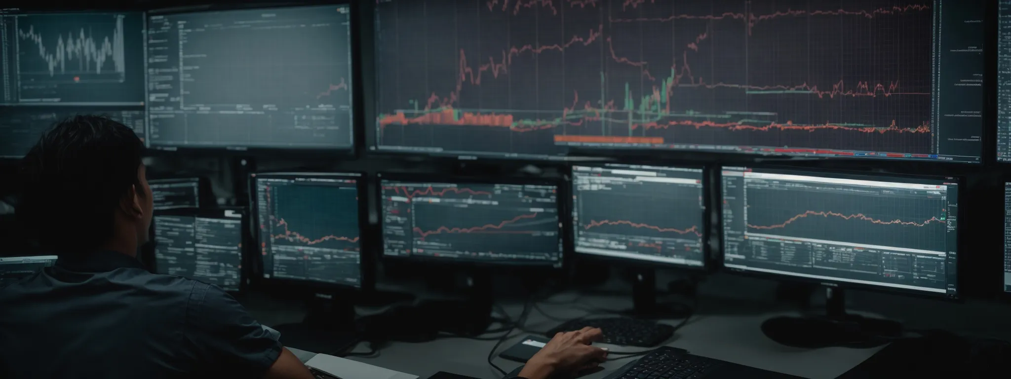a focused individual scrutinizes digital graphs displaying website traffic trends on a computer monitor.