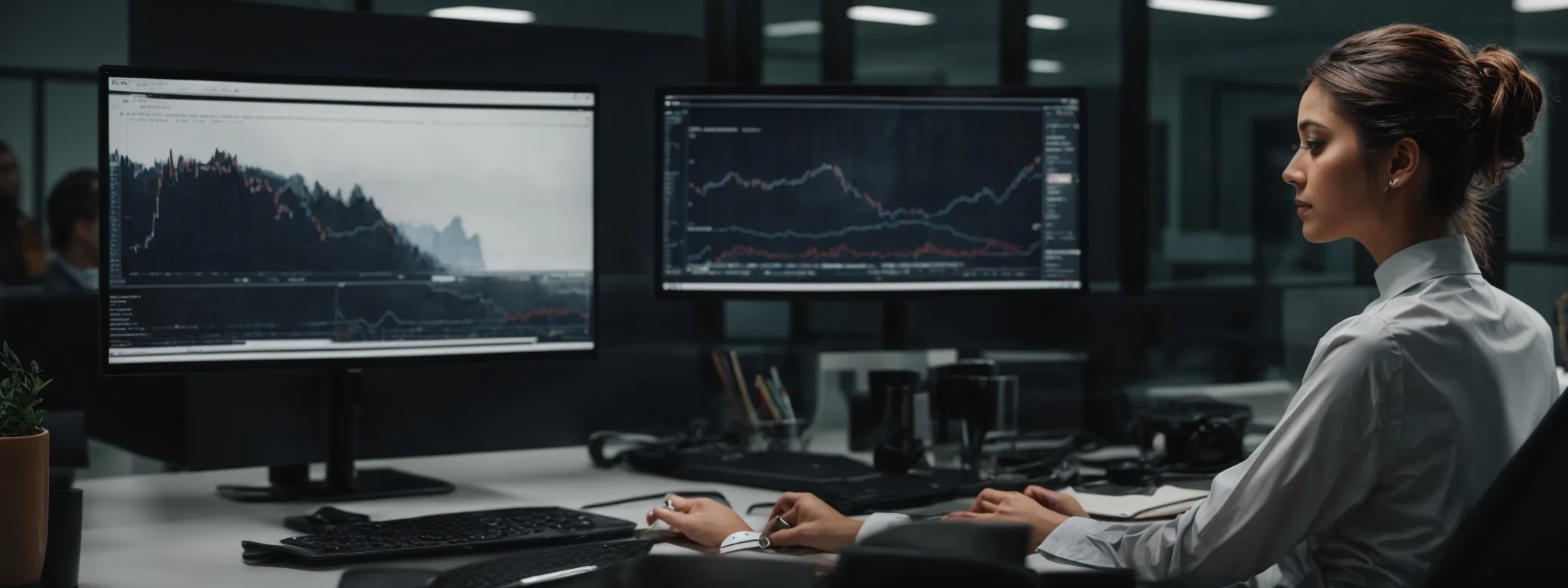 a professional woman attentively reviews website data on a large monitor in a modern office, symbolizing active content management.