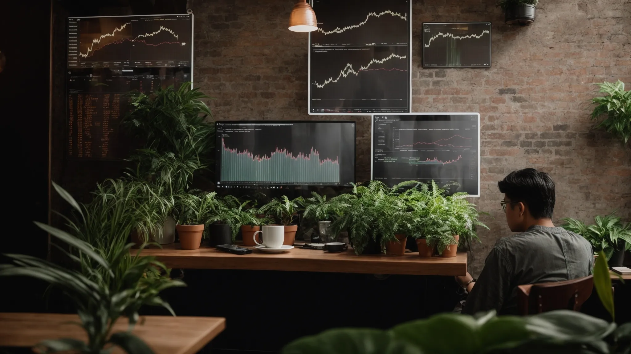 a person sitting at a coffee shop with a laptop open to a graph-laden analytics dashboard, surrounded by potted plants.